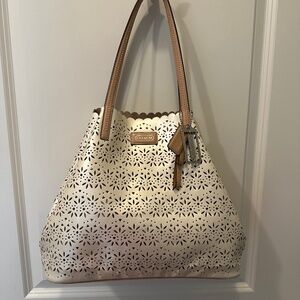 COACH Designer Retro Shoulder Bag Silver Cream Taylor Eyelet Leather Laser Cut